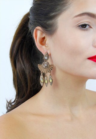 ANTIQUE GOLD FAN ETHINIC DROP DANGLE EARRINGS