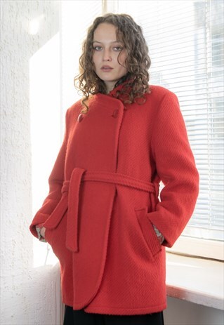 Vintage 80's Red Wool Textured Belted Coat