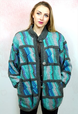 1980S VINTAGE GREEN, BLUE AND SILVER KNIT MOHAIR CARDIGA