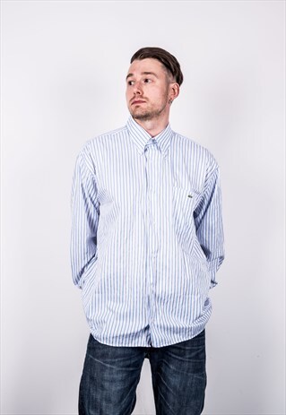 LACOSTE VINTAGE 1990S BLUE AND WHITE STRIPED SHIRT