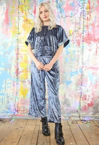 TROUSERS & TOP CO-ORDINATES IN SILVER BLUE VELVET