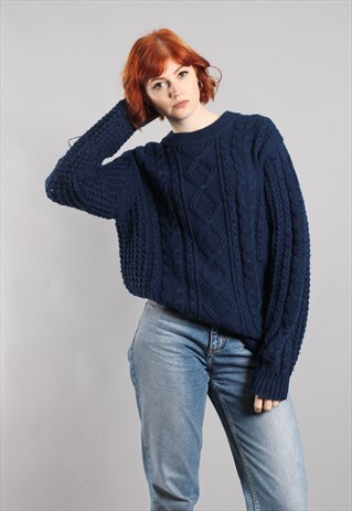 VINTAGE 80S BLUE CHUNKY CABLE KNIT OVERSIZE JUMPER