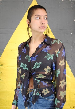 90S SHEER BLACK BLOUSE WITH BOLD FLORAL PATTERN