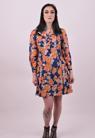 VINTAGE 60'S ORANGE & BLUE FLOWER PRINT DRESS SIZE 8 TO 10