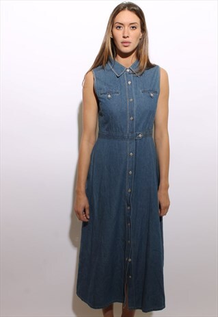 VINTAGE 1990'S 90'S BLUE DENIM MAXI SHIRT DRESS GRUNGE M-L