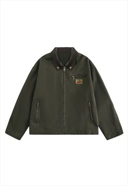 Hunter style jacket faux leather lapel utility aviator green