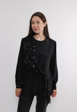  Long sleeve blouse with rhinestones vintage shoulder pads