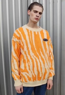 Zigzag zebra knitted sweater stripe knit jumper in orange