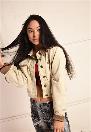 90S RETRO FESTIVAL GARM CROPPED JACKET IN BEIGE DENIM