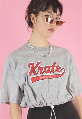 VINTAGE REWORKED CROP TOP IN GREY W KRATE SANTA CRUZ PRINT