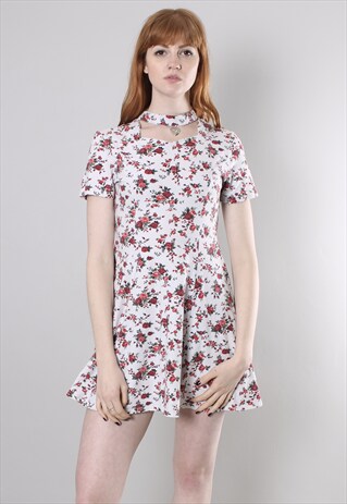 VINTAGE 90S FLORAL PATTERNED HIGH NECK SKATER DRESS