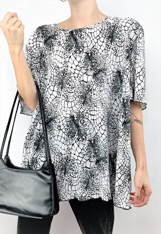 VINTAGE 70S 80S ABSTRACT PRINT RIBBED TOP BLOUSE GRAPHIC TEE