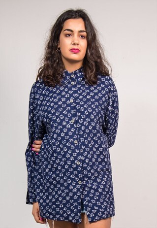 90'S VINTAGE NAVY BLUE FLOWER PATTERN SHIRT