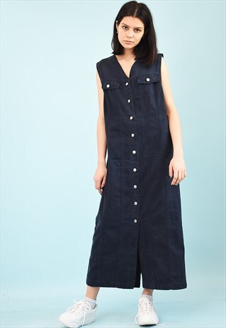 Y2K DENIM-LIKE BUTTON UP PINAFORE MAXI DRESS