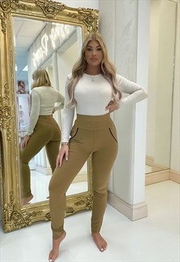 justyouroutfit High Waist Double Band Pocket Leggings Beige