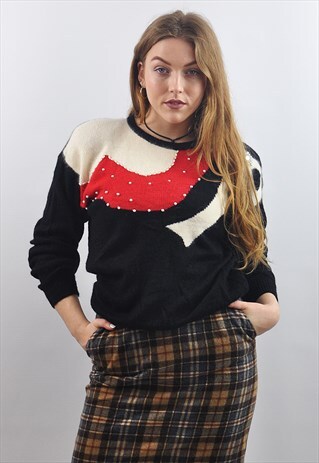 VINTAGE BLACK WOOL BLEND BEADED EMBELLISHED JUMPER