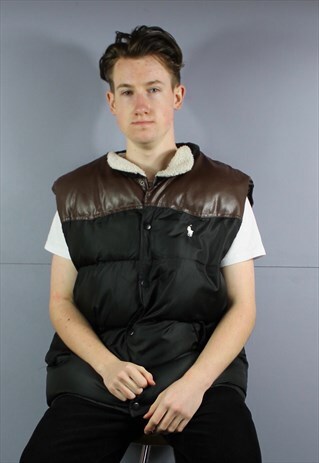 VINTAGE POLO JEANS SHERPA PUFFER GILET JACKET IN BLACK WITH