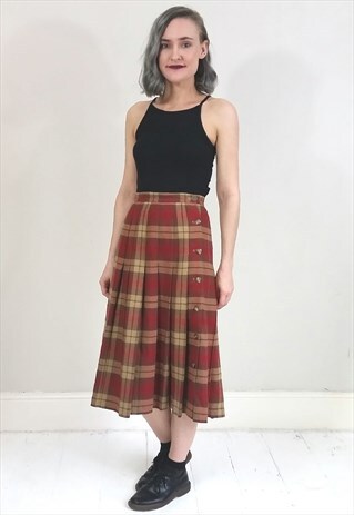 VINTAGE 80'S RED AND CREAM TARTAN SIDE BUTTON PLEATED SKIRT