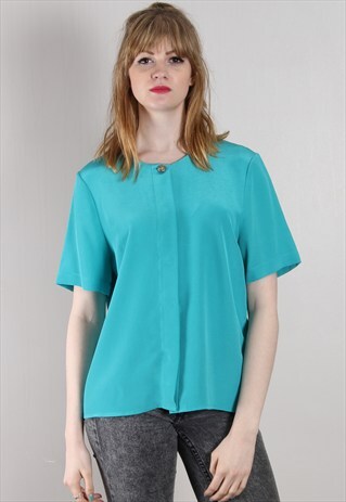 VINTAGE 80S TURQUOISE GOLD BUTTON SHORT SLEEVED BLOUSE TOP