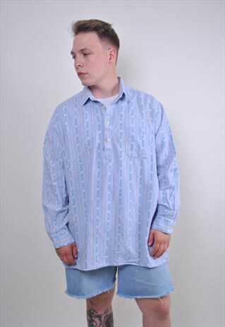 FLOWERS PRINT BLUE BOHO 70S SHIRT, SIZE L