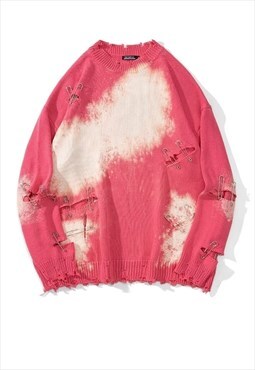 Ripped tie-dye sweater gradient bleached jumper in pink