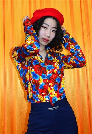 VINTAGE 70S BLOUSE RED BLUE YELLOW FLORAL LONG SLEEVED TOP