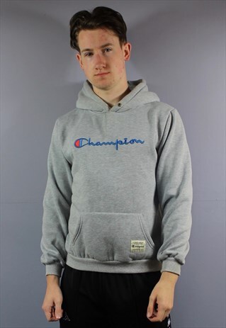 VINTAGE CHAMPION HOODIE IN GREY WITH EMBROIDERED LOGO AND PO