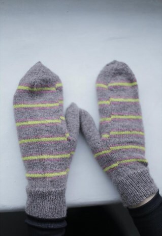 BROWN STRIPED HANDMADE KNITTED WOOL GLOVES