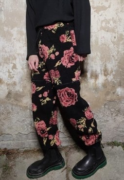 Floral fleece joggers handmade rose print 2 in 1 overalls