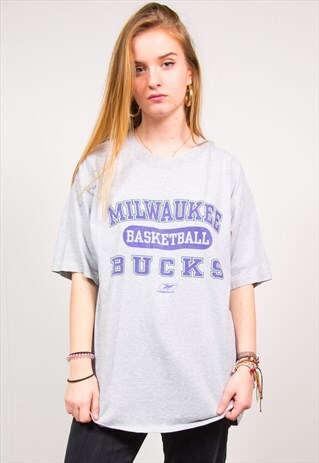 REEBOK NBA 90'S GREY MILWAUKEE BUCKS BASKETBALL T-SHIRT