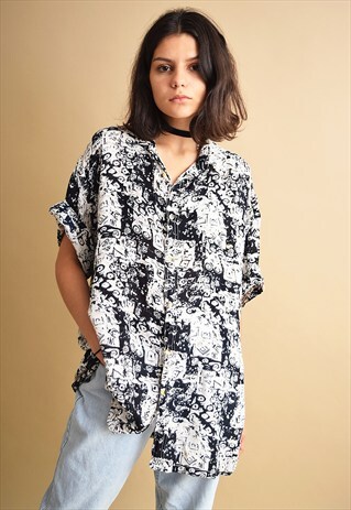 90'S RETRO ABSTRACT PRINT OVERSIZED BLOUSE TOP