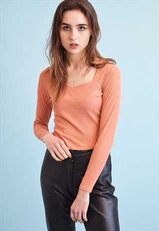 90'S RETRO PASTEL RIBBED STRETCH TEEN TOP BLOUSE