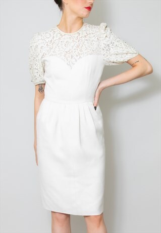 NINA RICCI VINTAGE 80'S CREAM SHORT SLEEVE LACE DRESS