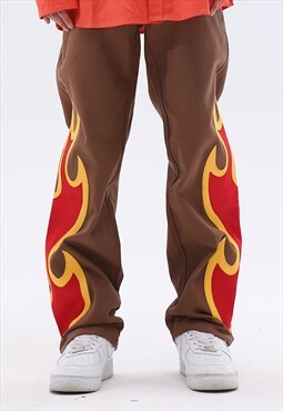 Flame patch jeans fire denim pants in brown