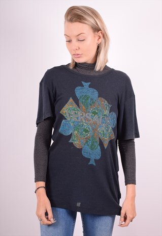 VERSACE WOMENS VINTAGE T-SHIRT TOP XL NAVY BLUE 90S