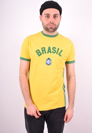 MENS VINTAGE BRASIL T-SHIRT TOP MEDIUM YELLOW 90'S