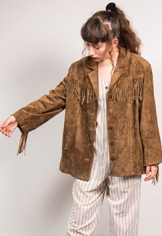 VINTAGE 90'S BROWN SUEDE TASSLE OVERSIZED JACKET