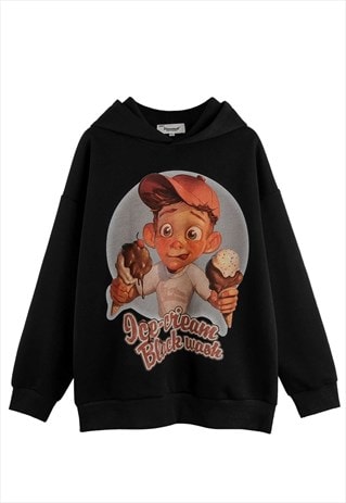 KID PRINT HOODIE RETRO POSTER PULLOVER ICE CREAM TOP BLACK