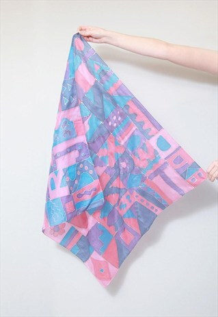 VINTAGE 1970'S SILK PINK & BLUE ABSTRACT PRINT SCARF