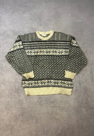 VINTAGE KNITTED JUMPER ABSTRACT PATTERNED GRANDAD SWEATER