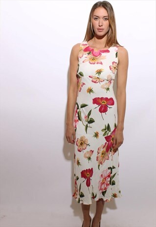 VINTAGE 1990'S 90'S WHITE FLORAL MAXI SUN DRESS BIAS CUT S-M