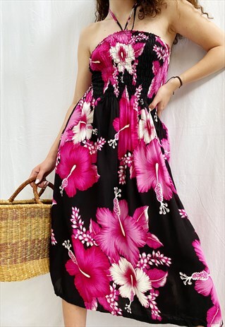 VINTAGE 90S HAWAII TROPICANA BOTANICA LILLIES MIDI DRESS