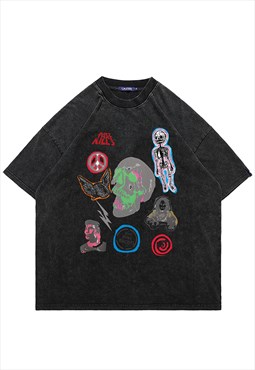 Psychedelic skeleton t-shirt vintage wash top Y2K tee grey