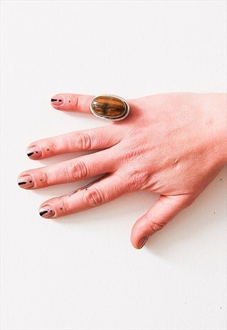 VINTAGE ETHNIC DARK GOLD STONE ADJUSTABLE SILVER RING