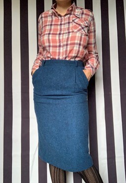 Vintage 80s blue tweed pencil skirt, Escada, pockets UK8