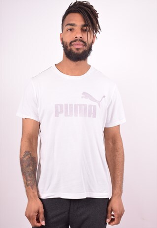 PUMA MENS VINTAGE T-SHIRT TOP LARGE WHITE 90S