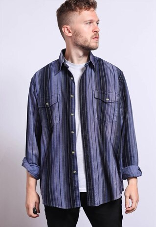 VINTAGE CORDUROY CORD STRIPED SHIRT BLUE