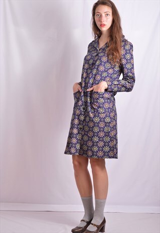 NAVY FLORAL 70S DRESS