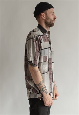 VINTAGE 80S ABSTRACT POLO TOP IN SQUARE PATTERN