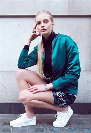 GREEN SATIN LEOPARD BOMBER JACKET